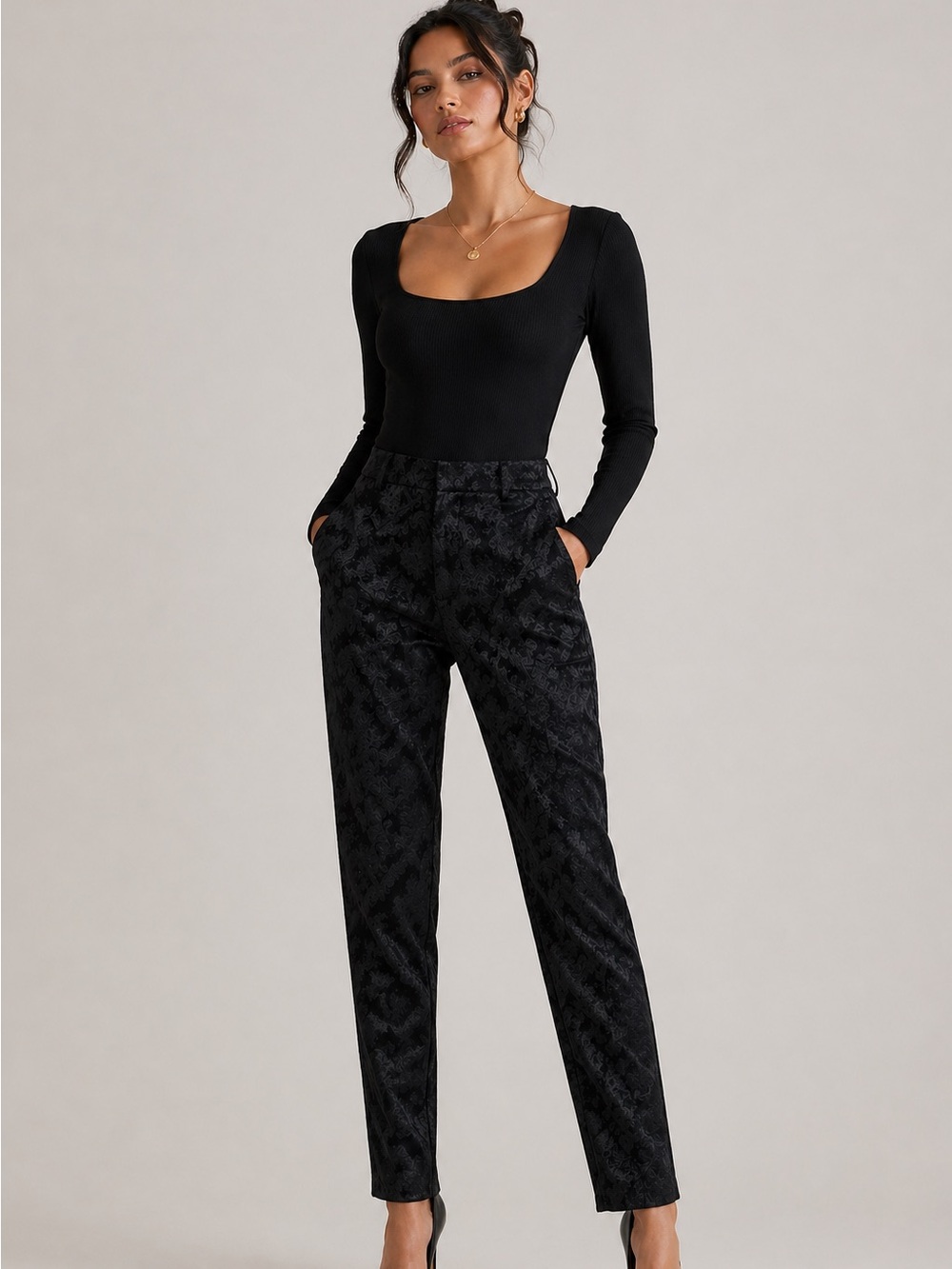 Simply Styled Black Jacquard Trousers High Rise Slim Fit Dress Pants S